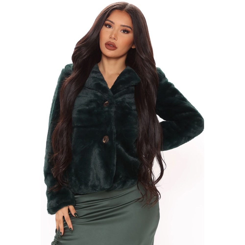 faux fur hunter green coat size small long sleeve